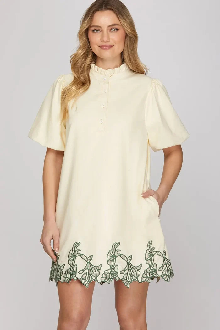 Short Bubble Sleeve Ruffled Neck Woven Mini Dress