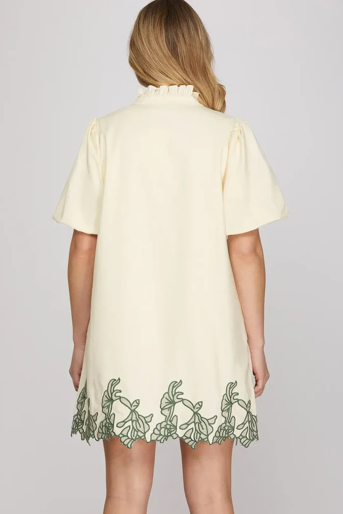 Short Bubble Sleeve Ruffled Neck Woven Mini Dress
