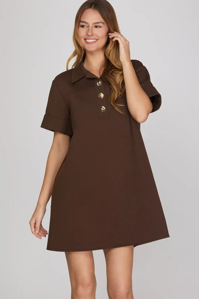 Short Sleeve Knit Collared Shift Mini Dress