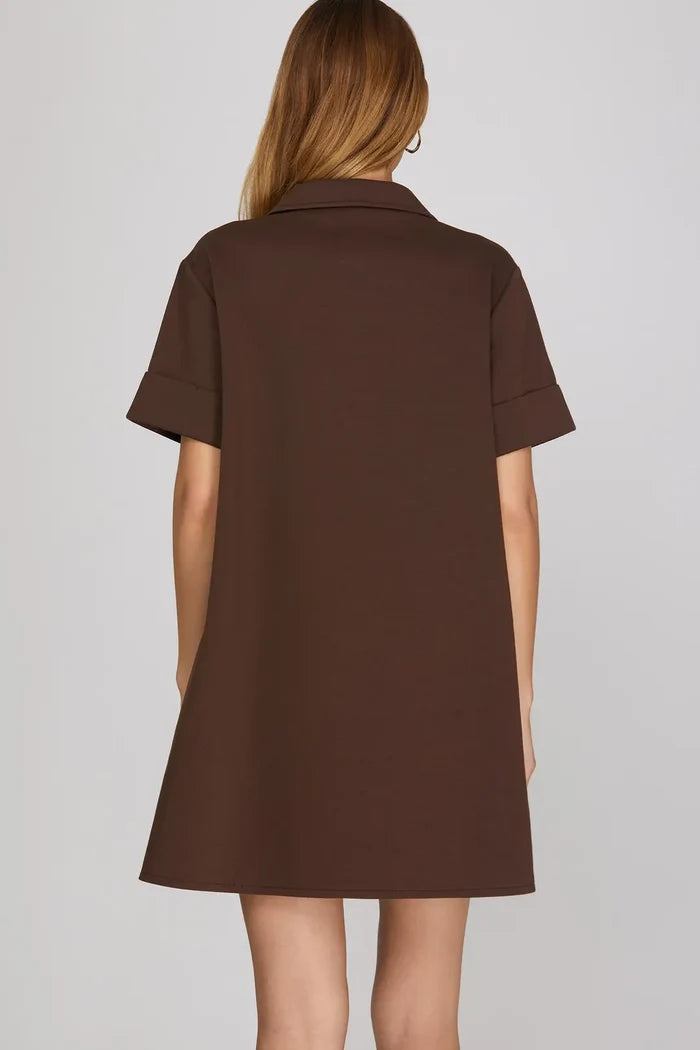 Short Sleeve Knit Collared Shift Mini Dress