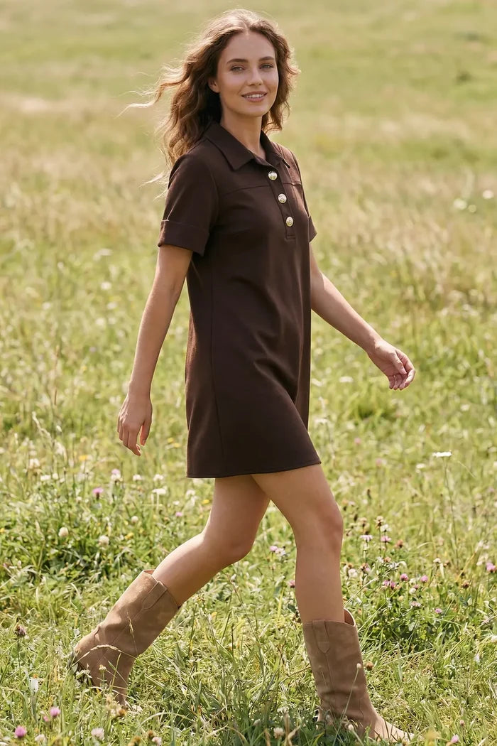 Short Sleeve Knit Collared Shift Mini Dress