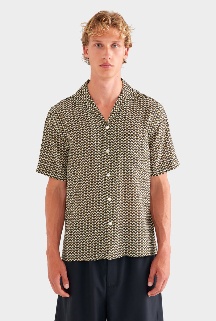 Short Sleeve Silk Camp Collar Shirt - Cream/Black/Olive V Monogram
