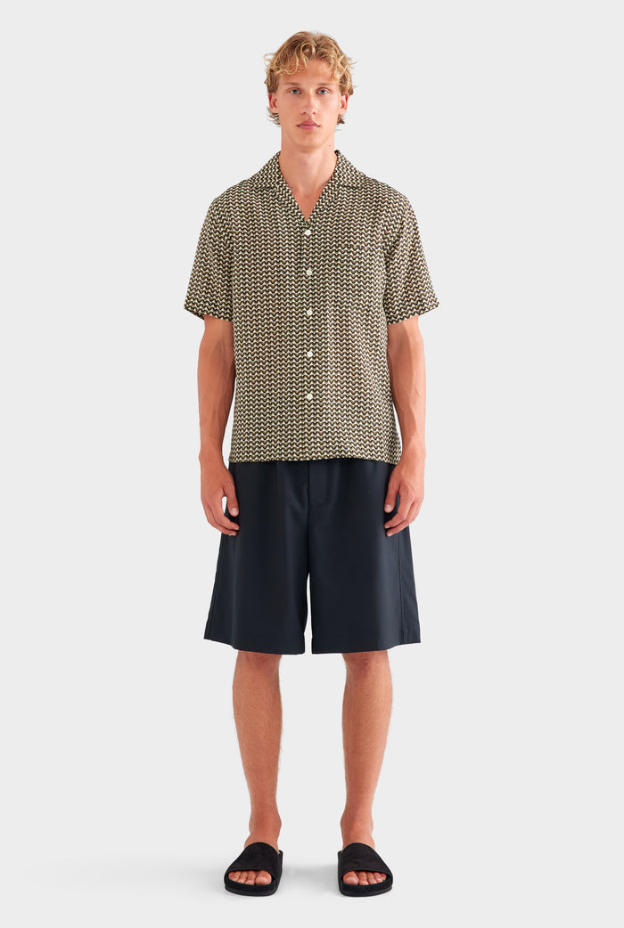 Short Sleeve Silk Camp Collar Shirt - Cream/Black/Olive V Monogram