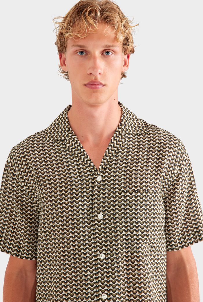 Short Sleeve Silk Camp Collar Shirt - Cream/Black/Olive V Monogram