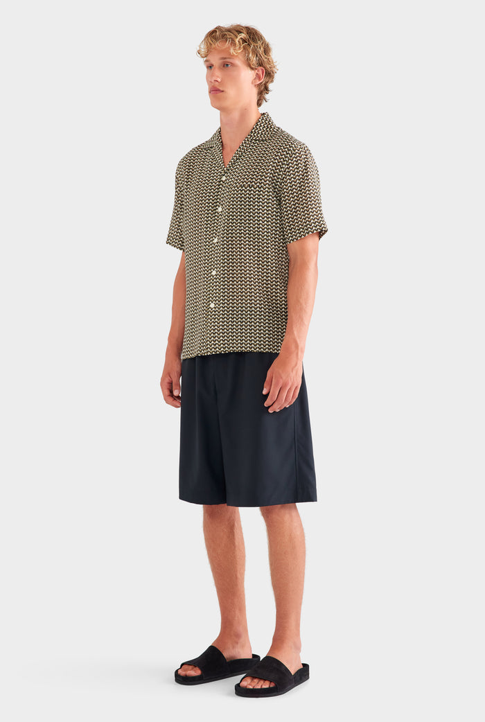 Short Sleeve Silk Camp Collar Shirt - Cream/Black/Olive V Monogram