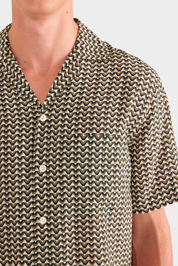 Short Sleeve Silk Camp Collar Shirt - Cream/Black/Olive V Monogram