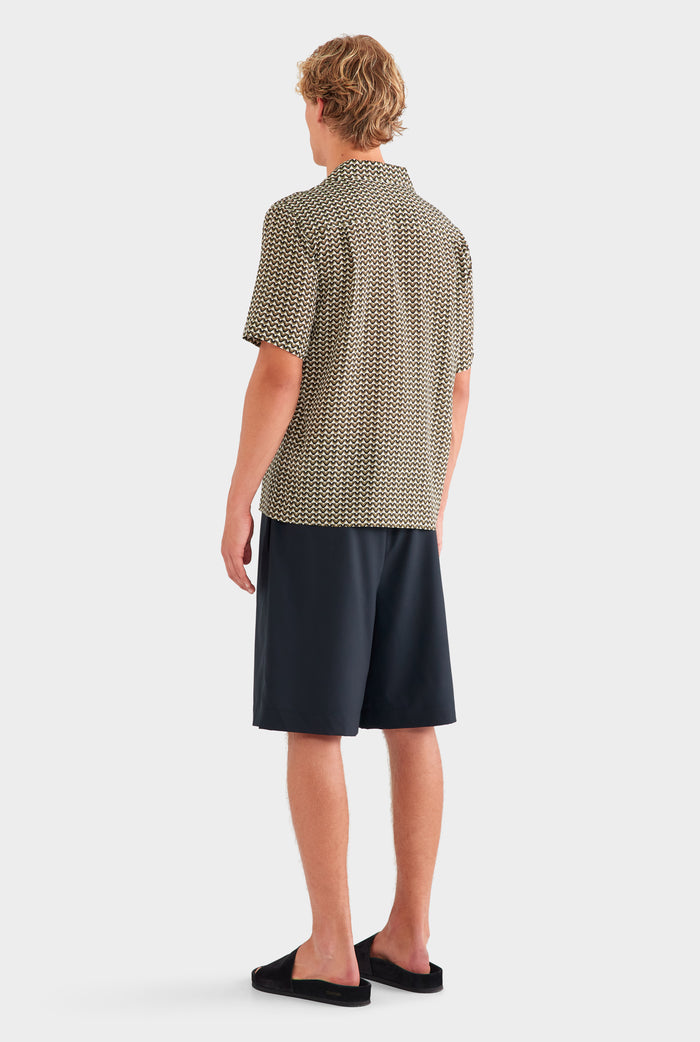 Short Sleeve Silk Camp Collar Shirt - Cream/Black/Olive V Monogram