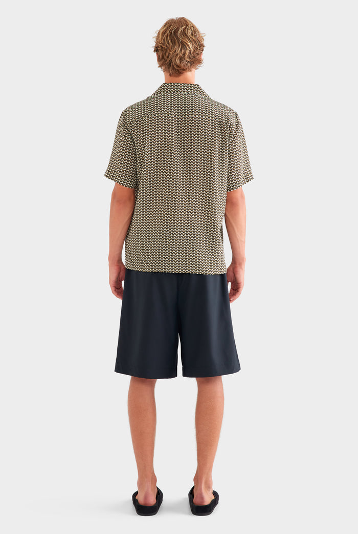 Short Sleeve Silk Camp Collar Shirt - Cream/Black/Olive V Monogram