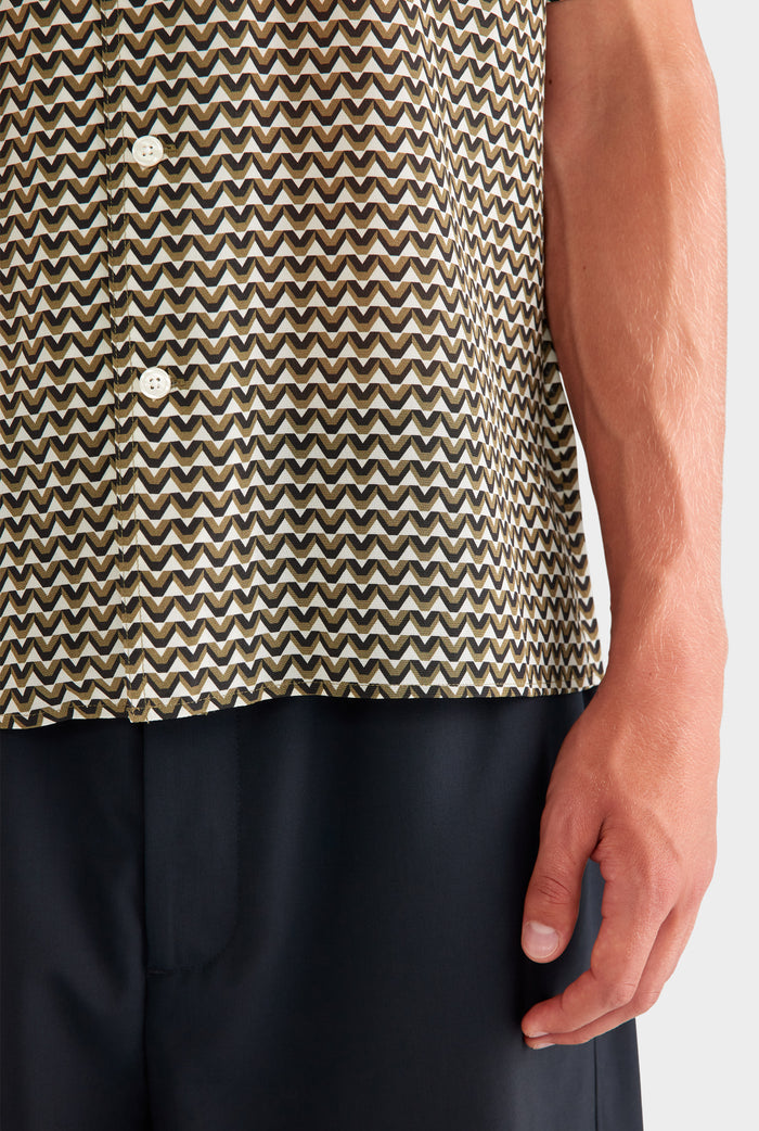 Short Sleeve Silk Camp Collar Shirt - Cream/Black/Olive V Monogram