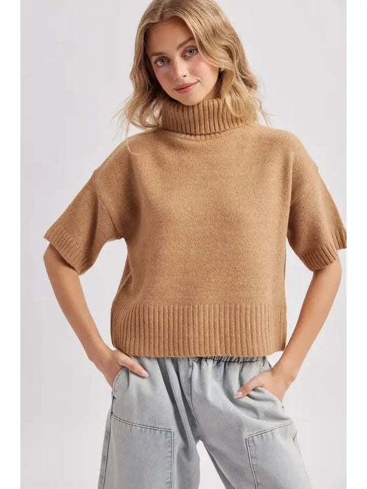 Short Sleeve Turtleneck Knit Sweater