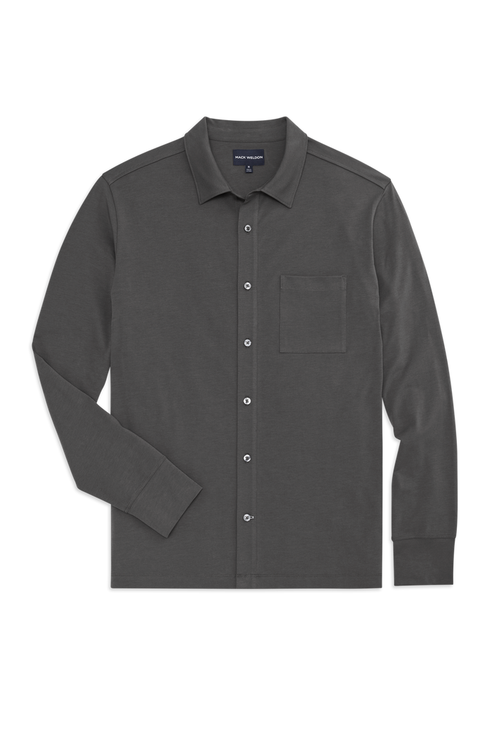 Front view of Silver Jersey Button Up in Stealth Grey