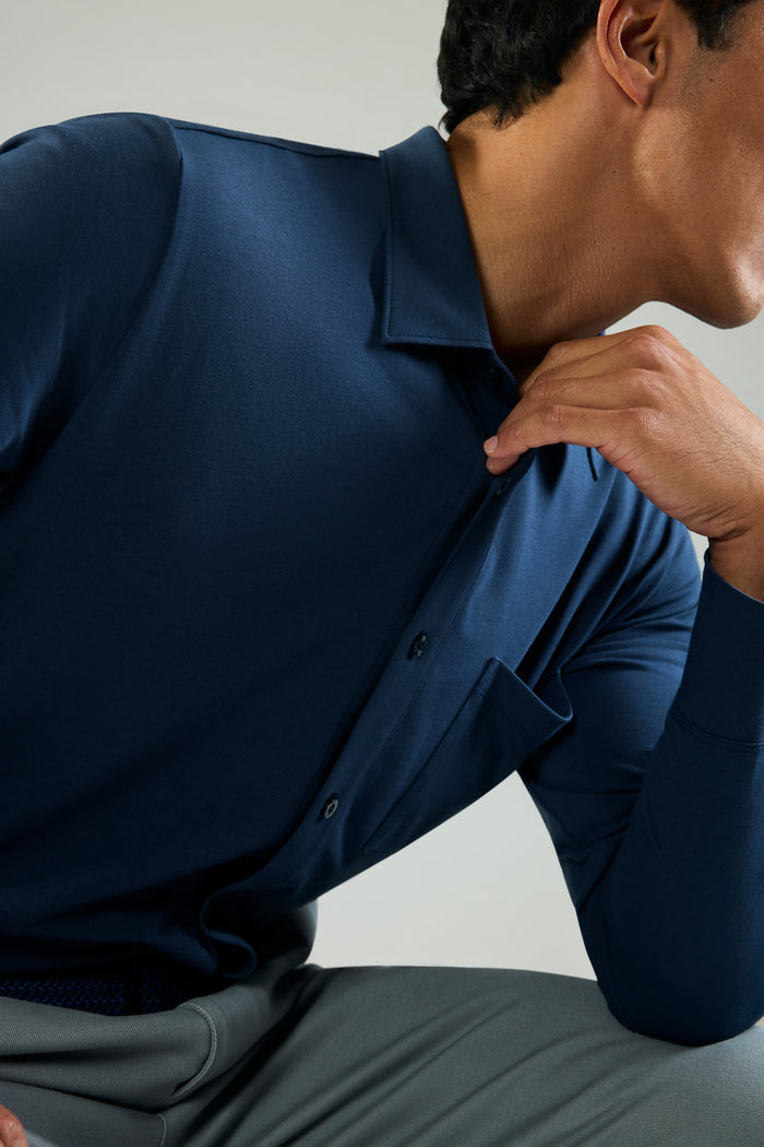 Man wearing Silver Jersey Button Up in True Navy
