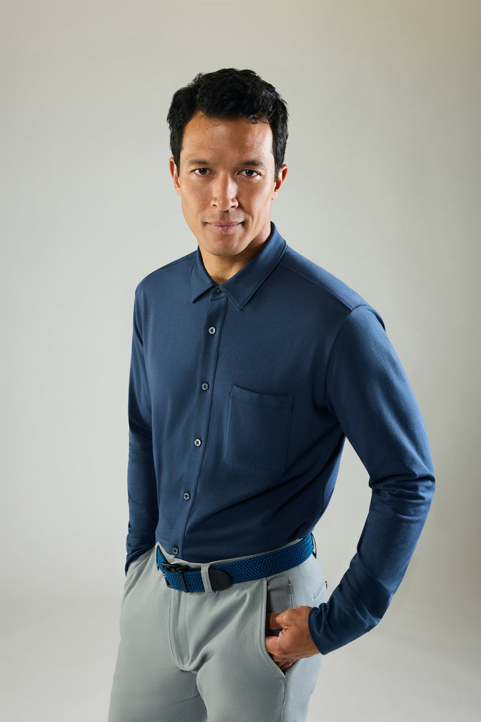 Front view of a man wearing Silver Jersey Button Up in True Navy