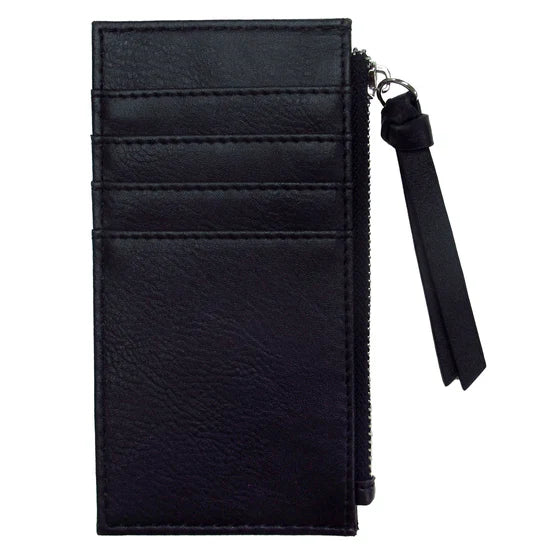 Black leather wallet with a strap on a white background