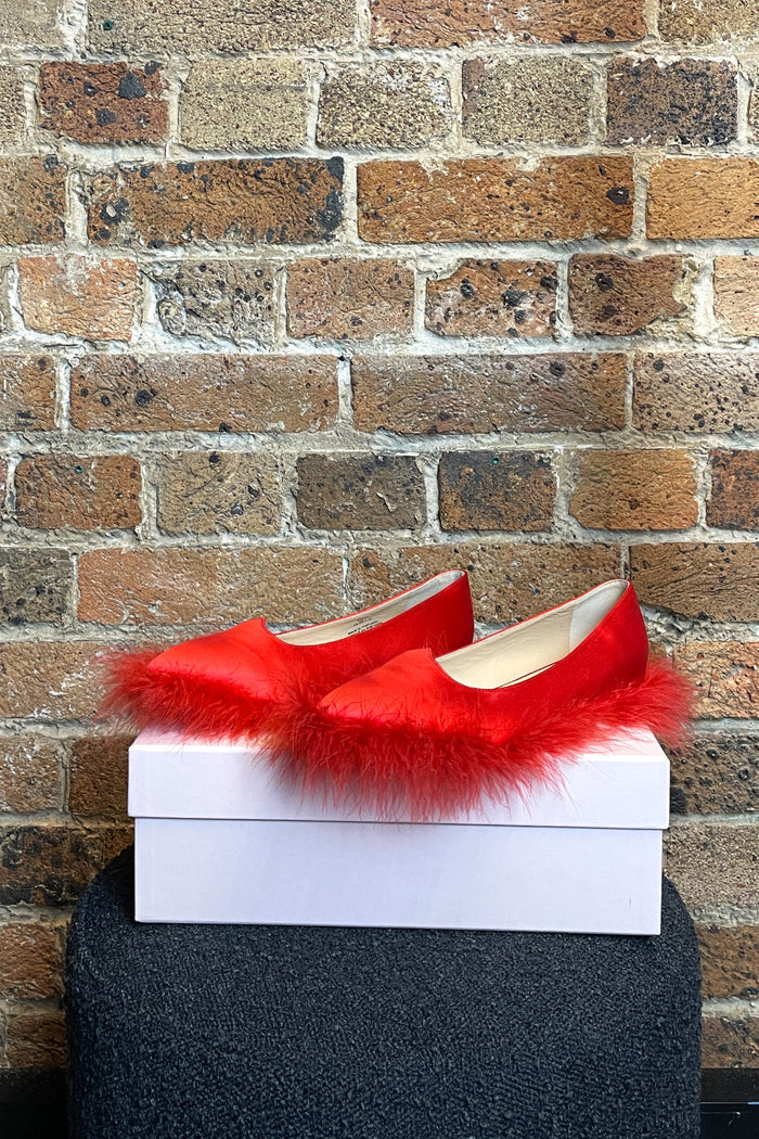 Simone Rocha X H&M Red Satin & Ostrich Flat Pumps image 1