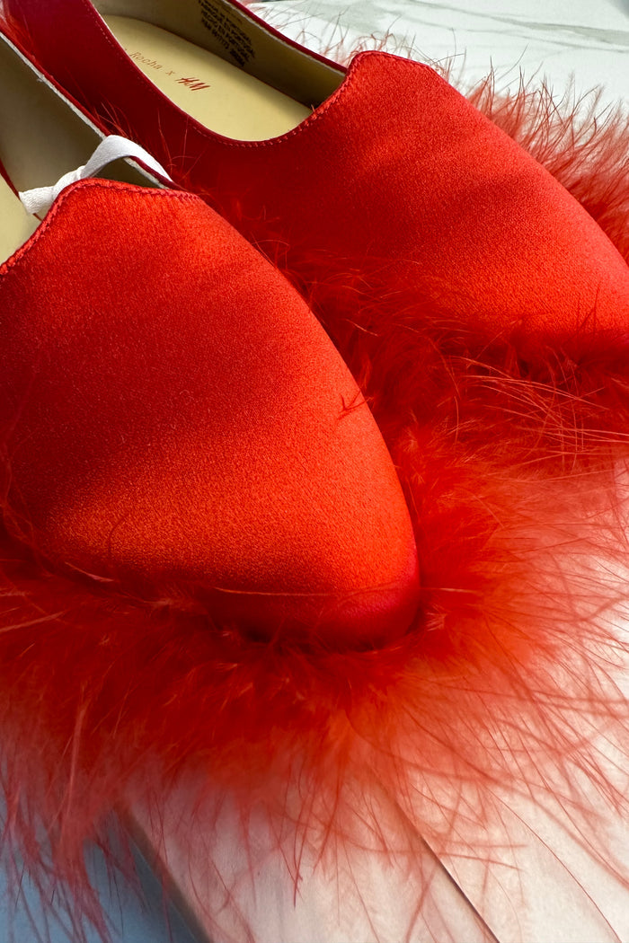 Simone Rocha X H&M Red Satin & Ostrich Flat Pumps image 5