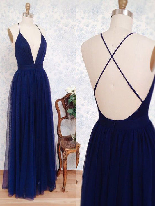 Simple A-line V Neck Navy Blue Long Prom Dress
