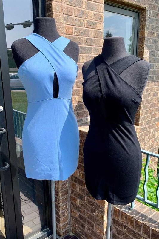 Simple Blue Tight Cross Front Short Dress