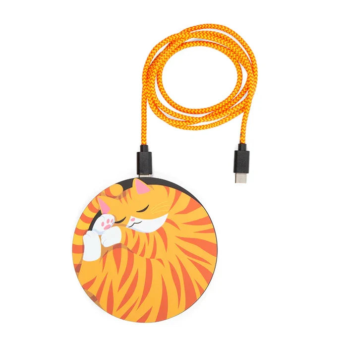 Round cable protector with a cat design and orange braided cable on a white background