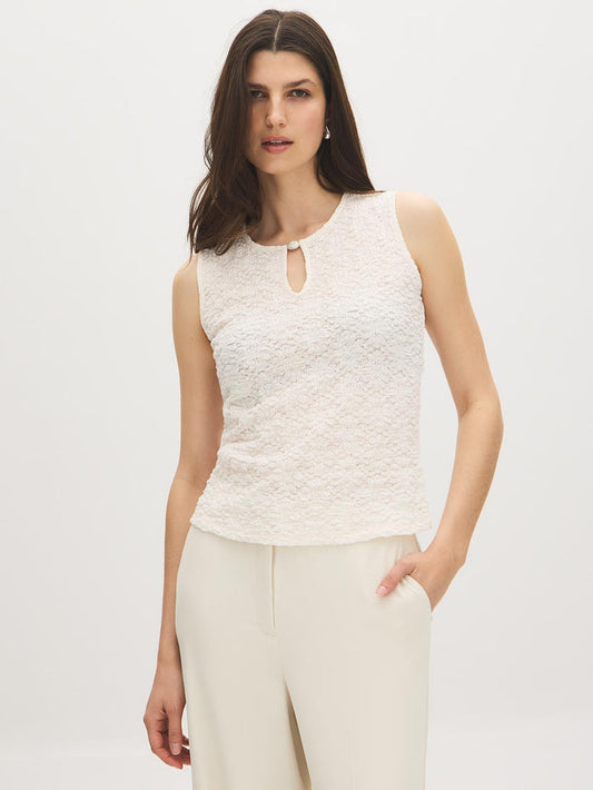 Winter White Sleeveless Bubble Lace Tank with Keyhole - Front View - Suzy Shier
