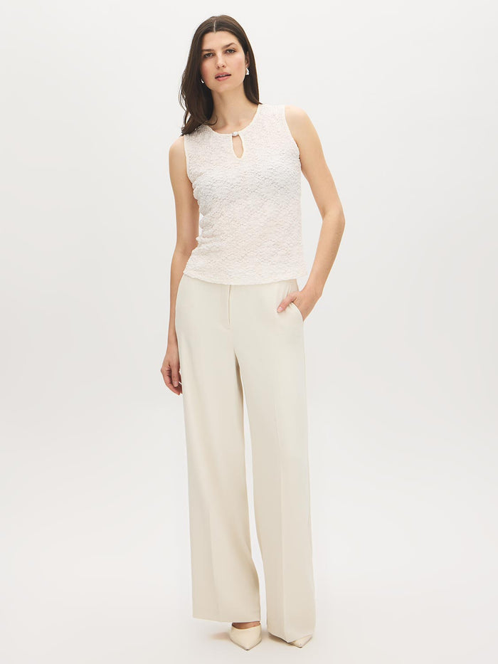 Winter White Sleeveless Bubble Lace Tank with Keyhole - Woman Wearing Textured Lace Top - Suzy Shier