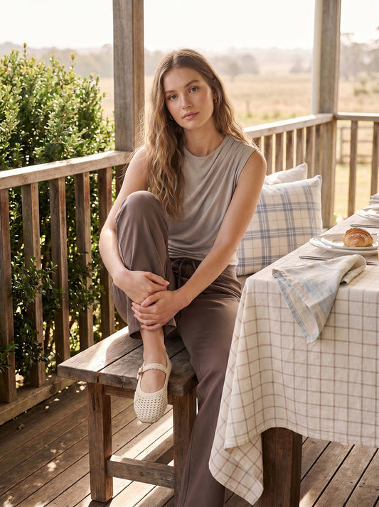 Lt Grey Sleeveless Crew Neck Shell Top with Side Pleats - Suzy Shier