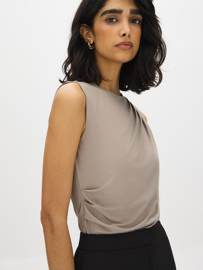 Lt Grey Sleeveless Crew Neck Shell Top with Side Pleats - Suzy Shier