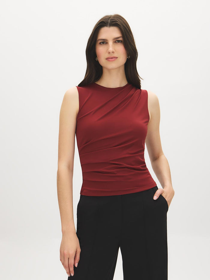Red Sleeveless Crew Neck Shell Top with Side Pleats - Suzy Shier