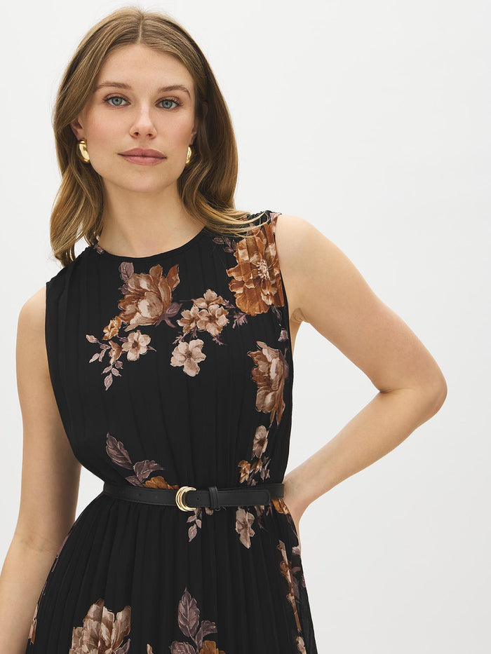 Jet Black Floral Pleated Sleeveless Dress - Front View - Suzy Shier