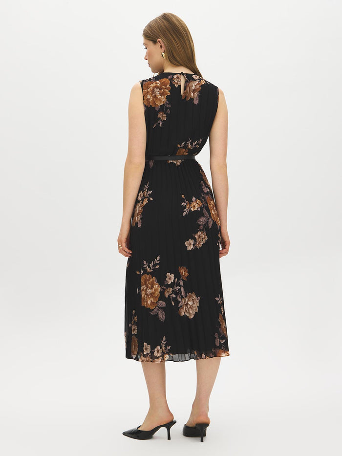 Jet Black Floral Pleated Sleeveless Dress - Back View - Suzy Shier