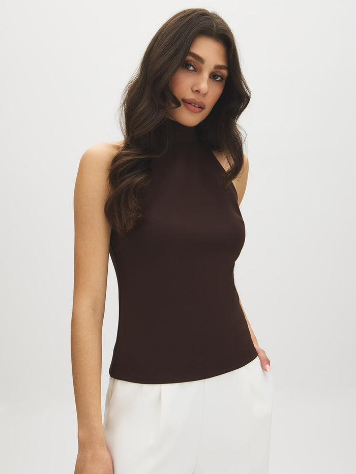 Coffee Bean Sleeveless Halter Mock Neck Top - Woman Wearing Fitted Shell Top - Suzy Shier