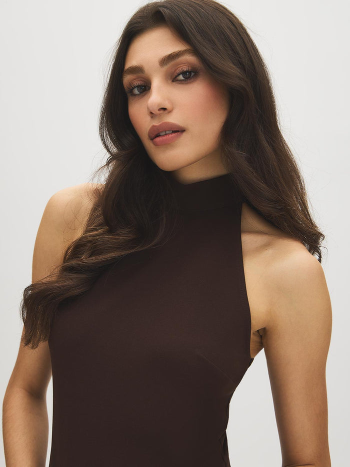 Coffee Bean Sleeveless Halter Mock Neck Top - Close-up Neckline Detail - Suzy Shier