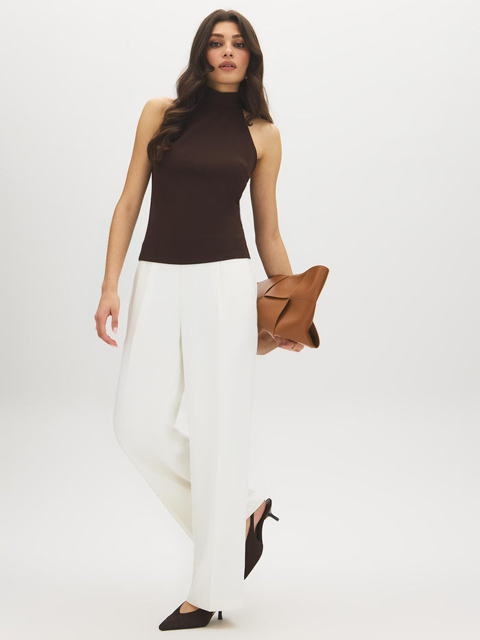 Coffee Bean Sleeveless Halter Mock Neck Top - Front View - Suzy Shier