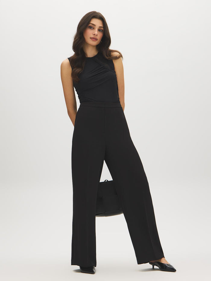 Jet Black Sleeveless Double Layer Top with Mesh Inserts - Woman Wearing Crew Neck Top - Suzy Shier