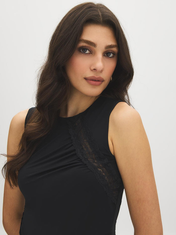 Jet Black Sleeveless Double Layer Top with Mesh Inserts - Close-up Fabric Detail - Suzy Shier