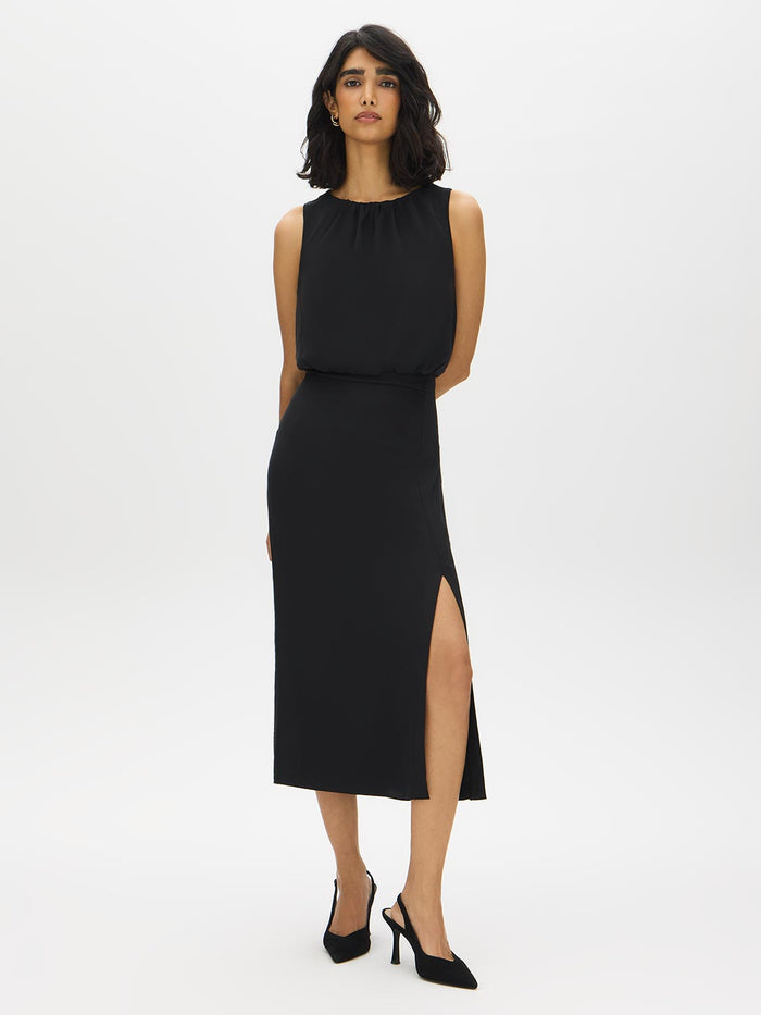 Black Blouson Top Dress with Front Slit - Woman Wearing Sleeveless Elegant Dress - Suzy Shier