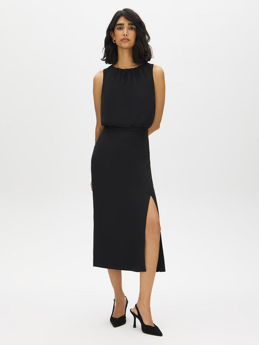 Black Blouson Top Dress with Front Slit - Woman Wearing Sleeveless Elegant Dress - Suzy Shier