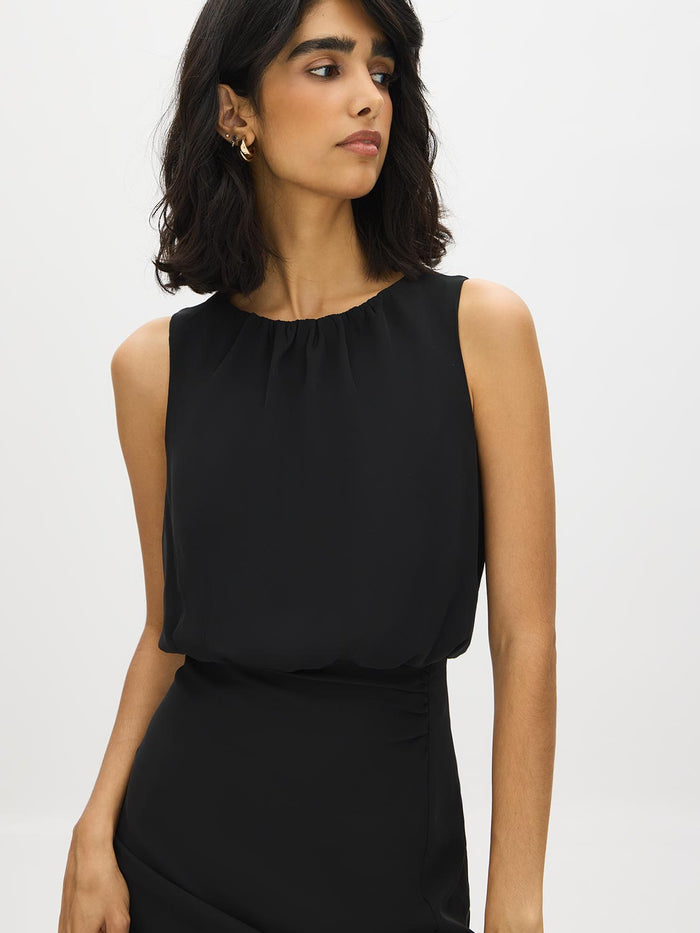 Black Blouson Top Dress with Front Slit - Front View - Suzy Shier