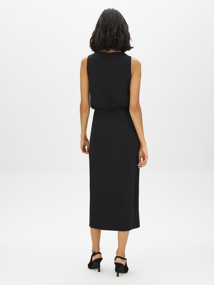 Black Blouson Top Dress with Front Slit - Back View - Suzy Shier