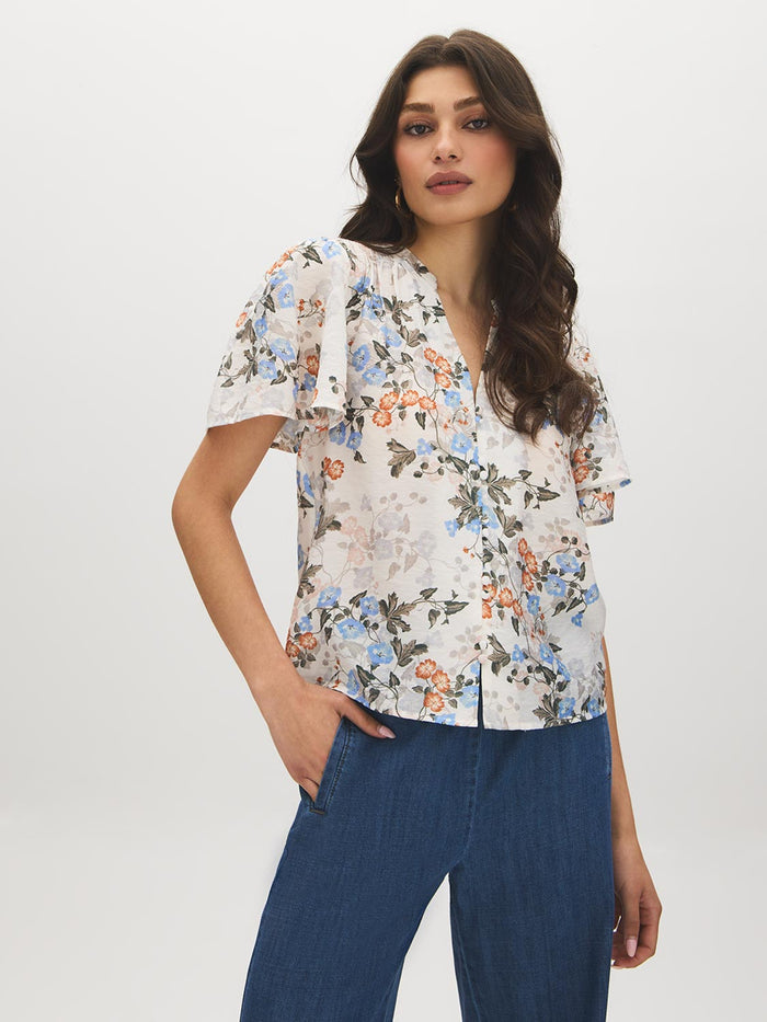 Winter White Floral Print Blouse with Smocked Shoulders - Front View - Suzy Shier