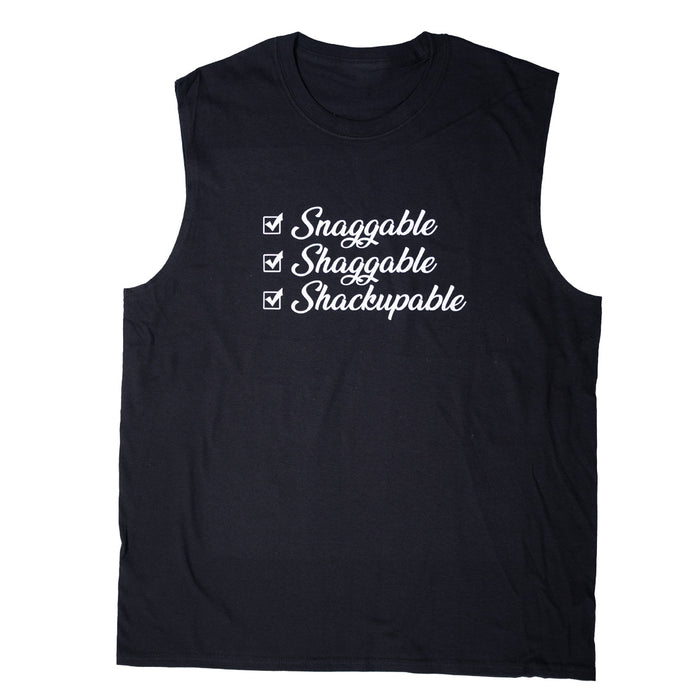 Snaggable Shaggable Shackupable sleeveless men’s tee in black with white checklist graphic on the front