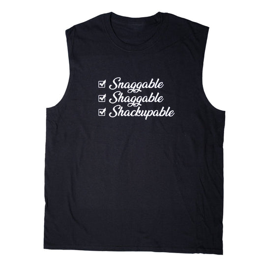 Snaggable Shaggable Shackupable sleeveless men’s tee in black with white checklist graphic on the front