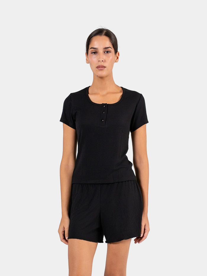SOFT RIB BUTTON SHORT SET BLACK 3