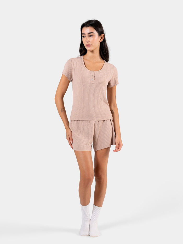 SOFT RIB BUTTON SHORT SET BEIGE 2