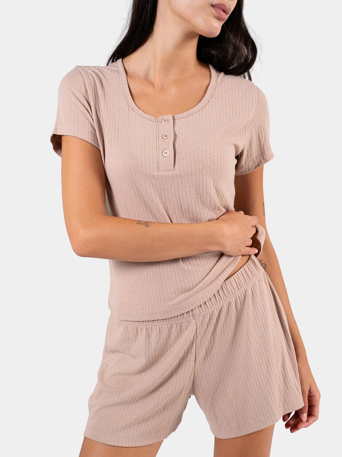SOFT RIB BUTTON SHORT SET BEIGE 1