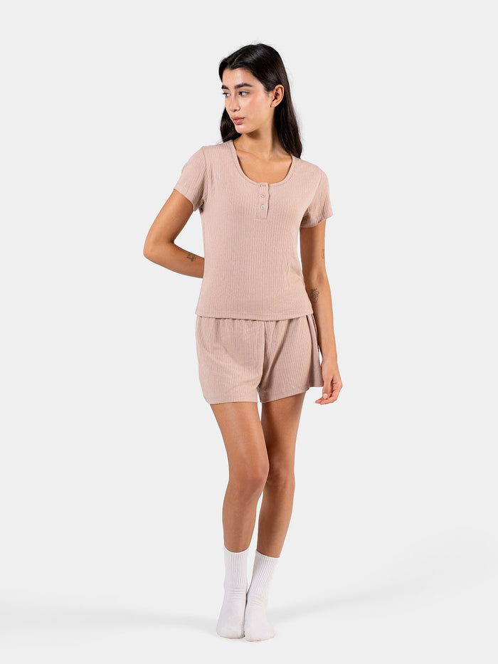 SOFT RIB BUTTON SHORT SET BEIGE 3