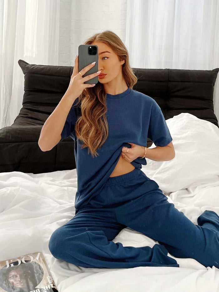Soft Waffle Oversized T-Shirt - Blue