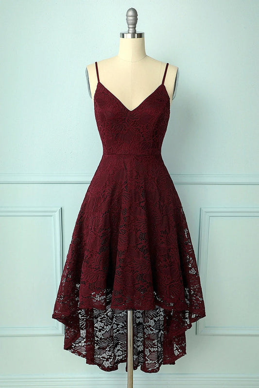 Spaghetti Strap High-Low Burgundy Lace Bridesmaid Dress