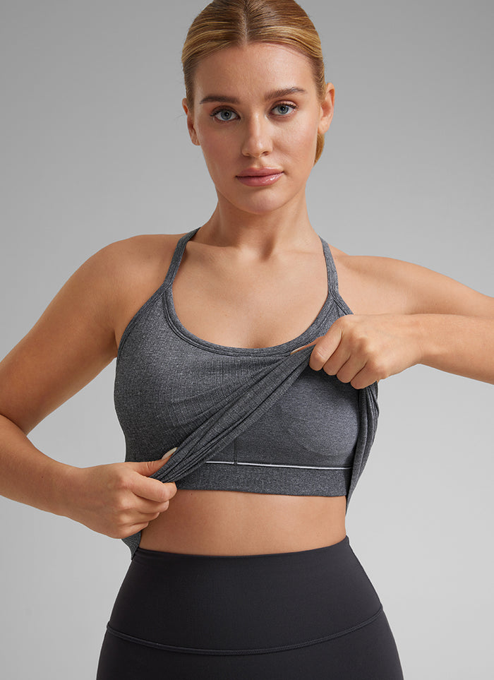 CRZ YOGA Women's Yoga Slim Fit Tops Seamless Built-in Bra Tank Y-back Light Grey