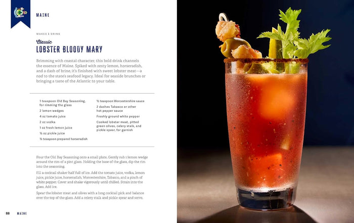 Bloody Mary cocktail with garnishes on a dark background, accompanied by a recipe on the left.